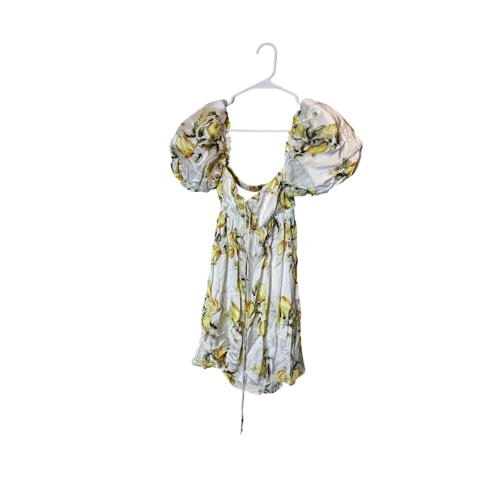 For Love &‎ Lemons Dress Womens Small Lemon Print Puff Sleeve Open Back Mini
